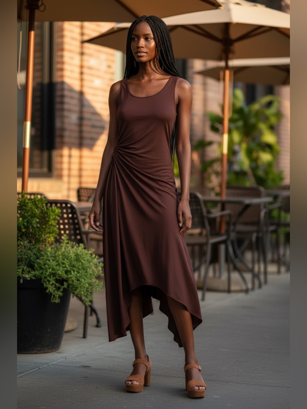 Ted Baker London Sleeveless Brown Asymmetric Ruched Midi Dress Size 3